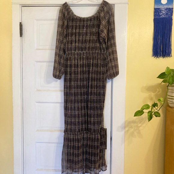 Knox Rose Women's Sz M Shimmery Black Gold Long Sleeve Maxi Dress Holiday Party - Picture 4 of 15